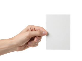 Obraz premium Human hand holding blank white vertical rectangular card or business card isolated on transparent background