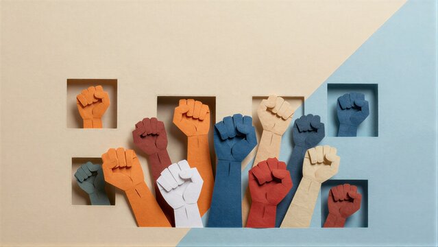 Colorful paper fists rise in unity symbolizing strength and