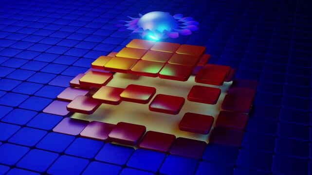 Abstract futuristic glowing orb influencing floating tile grid with proximity effect loop animation