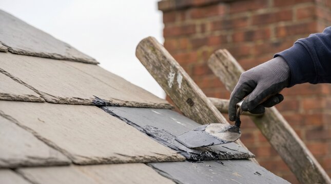 Professional Roofer Applying Sealant to Slate Roof Tiles with Trowel for Maintenance and Leak Repair