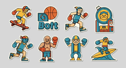 Fototapeta premium cartoon characters sports stickers vector illustration with active individuals boxing skateboarding running and surfing.