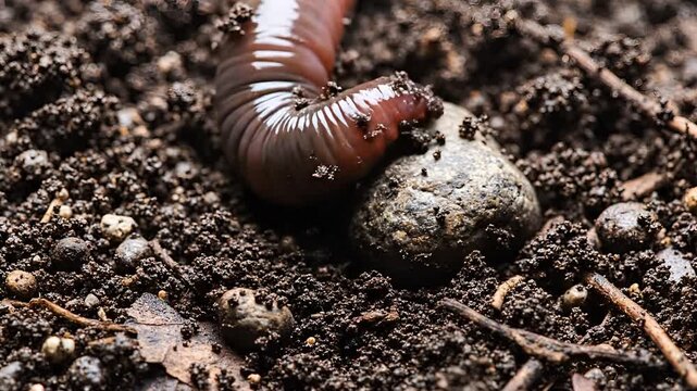 Closeup of an earthworm burrowing into rich soil highlighting its segmented body and natural habitat.