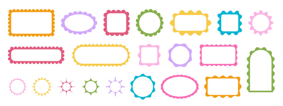 Collection of cute colorful geometric frames with wavy borders. Vignettes for picture or photo. Empty labels, boxes, tags or banner templates isolated on white background. Vector flat illustration.