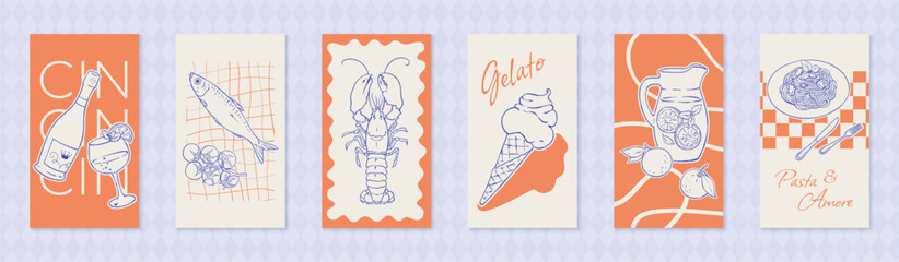 Fototapeta na wymiar Mediterranean dinner food sketch set with wine, seafood, gelato and pasta on orange background banner. Italian food icon collection for restaurant menu and social media illustration in handdrawn