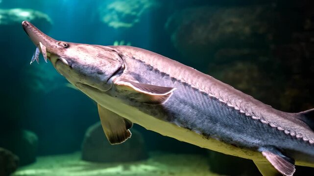 Close-up of a large sturgeon swimming underwater. Prehistoric fish in a dark aquarium tank. Marine wildlife and aquatic life concept