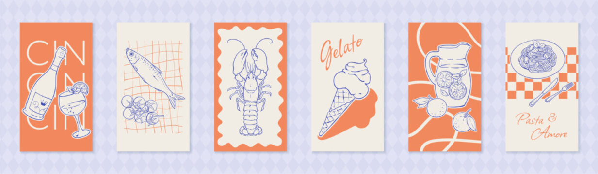 Mediterranean dinner food sketch set with wine, seafood, gelato and pasta on orange background banner. Italian food icon collection for restaurant menu and social media illustration in handdrawn