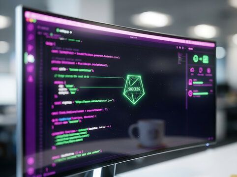A neon green polygon logo overlays a computer screen displaying lines of code on a dark background, hinting at software development or cybersecurity