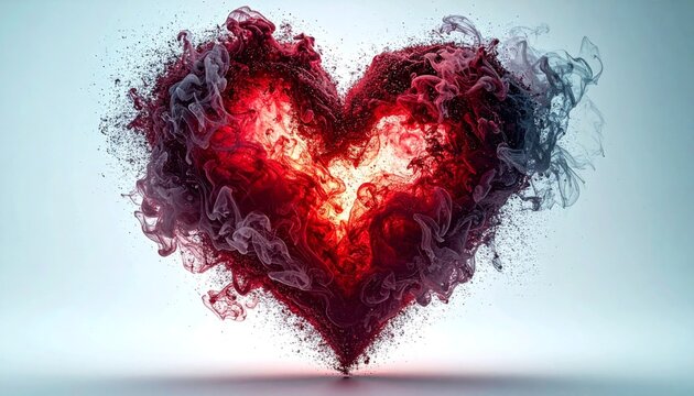 A heart shape made of red and dark smoke exploding or dissipating, symbolizing passion or emotion.
