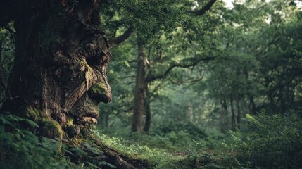 Obraz premium Ancient tree trunk resembling a wise human face covered in moss standing among lush green forest foliage and towering trees under soft natural light