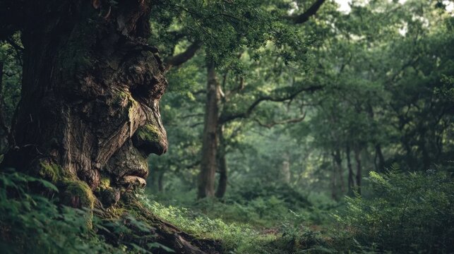 Ancient tree trunk resembling a wise human face covered in moss standing among lush green forest foliage and towering trees under soft natural light