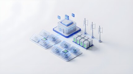 Fototapeta premium Isometric 3D Illustration of Future Smart Energy Grid with AI Control Center and Renewable Power Sources