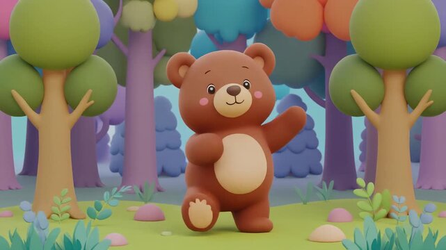 Cute 3D Animated Brown Bear Dancing in Colorful Stylized Forest, Happy Character Motion Background, Full HD 1080p Seamless Loop Animation