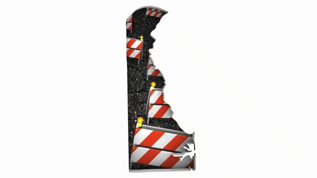Delaware DE State Map Road Construction Project Traffic Signs Barriers Barricades 3d Animation