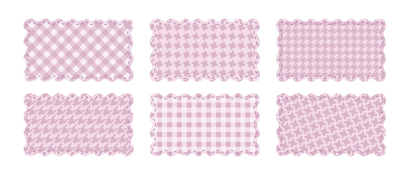 Set or paper or textile rectangular cards or patches with gingham pattern, stitched borders and wavy edges isolated on white background. Cute design elements in girly style. Vector flat illustration.