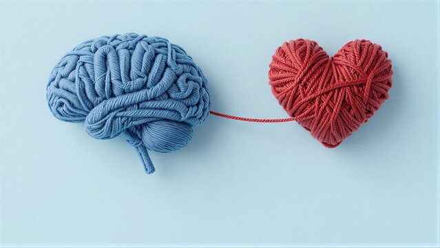 Knitted brain and heart connected by thread symbolizing mind-emotion