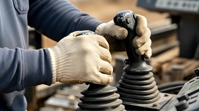 Construction worker hands operating heavy machinery joysticks on a construction site for excavation and earthmoving work