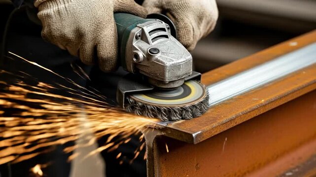 Industrial metal grinding with angle grinder sparks on steel beam by professional worker in protective gloves