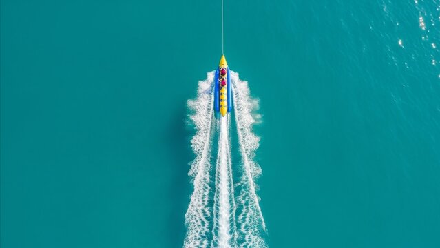 Water Sports - Aerial View of Banana Boat Ride Towed by Speedboat Leaving White Wake Trail on Turquoise Ocean