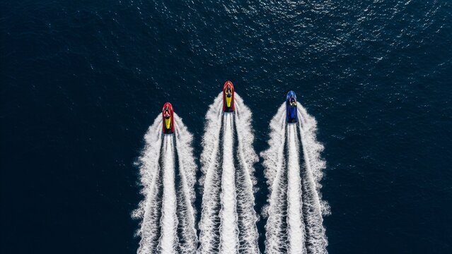 Water Sports - Aerial View of Three Jet Skis Racing Side by Side Leaving White Wake Trails on Dark Blue Ocean