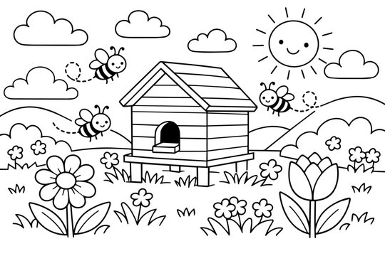 Cute cartoon bees buzzing around a langstroth beehive surrounded by various flowers, green hills, clouds, and a happy sun for an engaging children's coloring page
