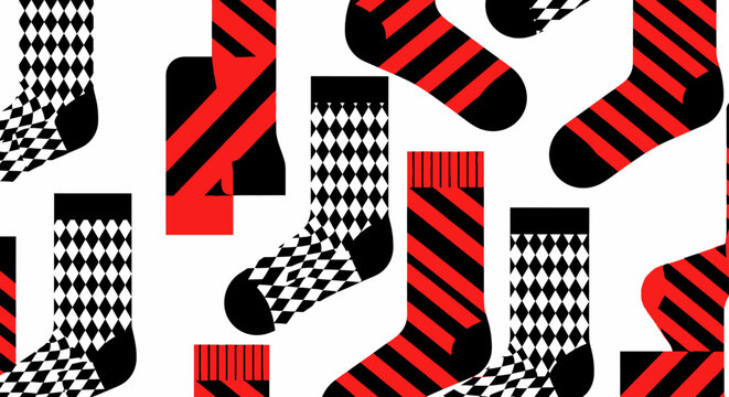 black and white argyle and red striped socks create a vibrant seamless pattern ideal for modern fashion design or textile backgrounds.