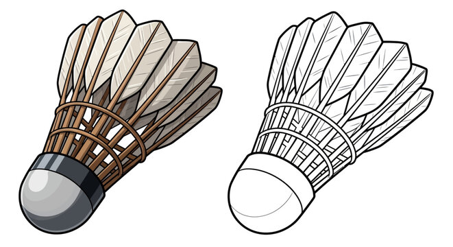 detailed badminton shuttlecock illustration showing both colored and outline versions as essential sports equipment for game concepts