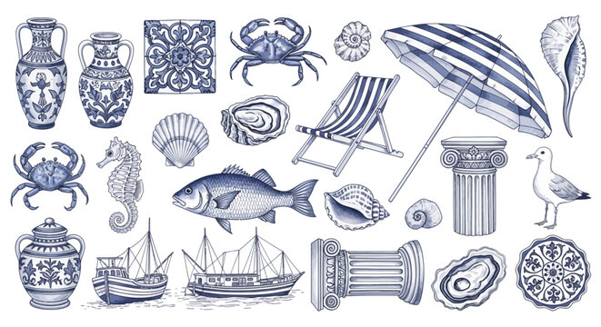mediterranean nautical elements watercolor collection for coastal summer travel and design