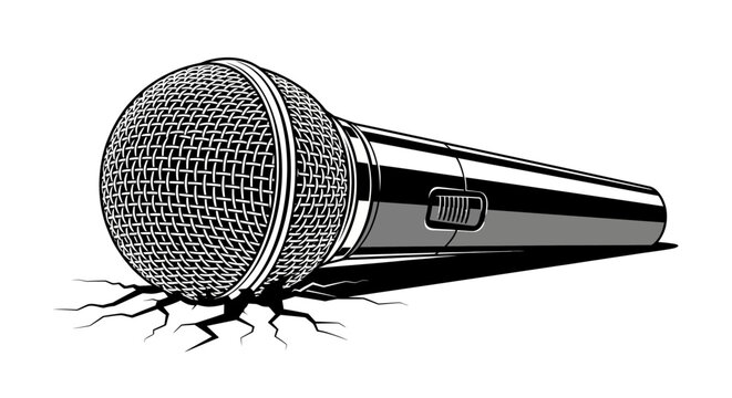 microphone mic drop illustration showing cracks on the ground symbolizing impactful audio and powerful music concepts.