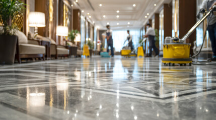 Fototapeta premium Professional cleaning team maintaining a polished marble floor in a well-lit, elegant lobby space with modern furnishings and bright ambient lighting