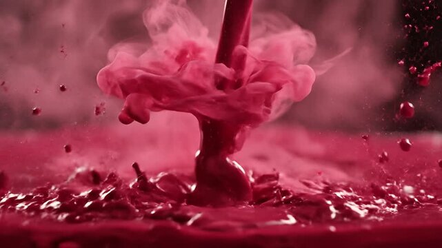 Vibrant Red Liquid Splash and Pouring Slow Motion Abstract.