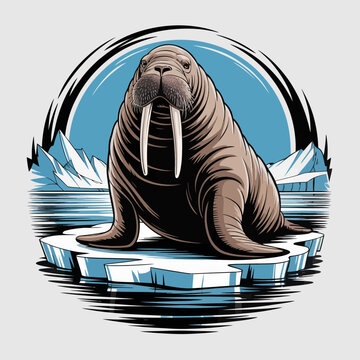 Large walrus on ice floe sea.