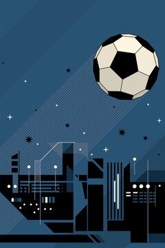 Soccer tournament in the city promotion poster with abstract geometric skyscrapers at night background vertical template have blank space.