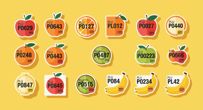 collection of various fruit plu codes and labels for fresh produce illustrating premium quality for grocery stores and supermarkets