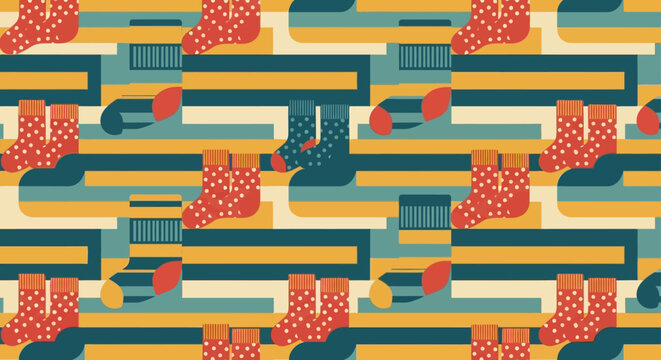 colorful socks seamless pattern with polka dot and striped retro design on a geometric block background ideal for textile prints.