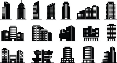 Black and white building icon set featuring modern skyscraper silhouettes and urban architectural structures for city skyline design © IconicCreations