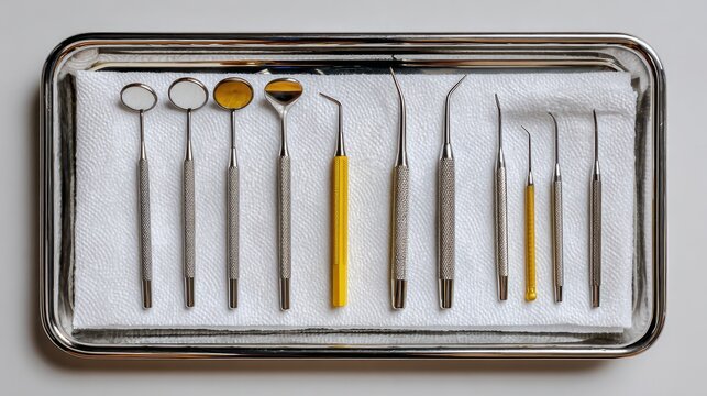 Professional dental instrument kit with mirrors and explorers in a medical tray