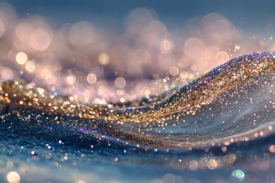 A shimmering wave of golden sparkling light particles creating a dreamy and magical bokeh effect with soft pastel pink and blue hues in the background