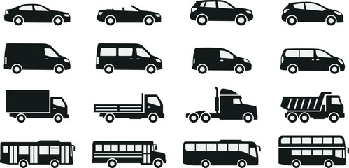 Car and truck silhouettes set vector illustration of various city transport vehicles icons isolated on white background © IconicCreations