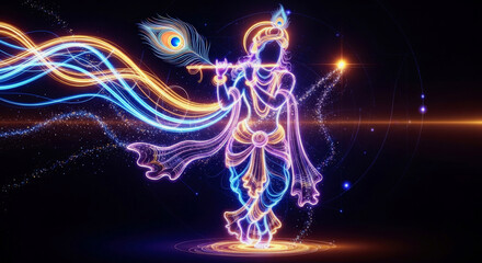 Fototapeta premium Neon krishna playing flute, surrounded by glowing lines and peacock feather