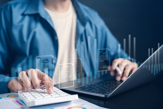 Calculate invoice and financial business accounting payment bill. Man typing on laptop and using calculator for expense cost tax audit.