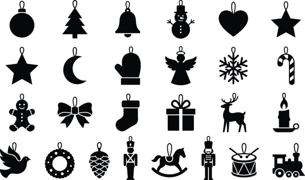 Christmas tree ornaments black silhouettes set vector illustrations of winter holiday decorations isolated on white background