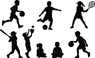 Kids playing sports black silhouettes set vector illustration of children active in football basketball tennis and baseball isolated on white background