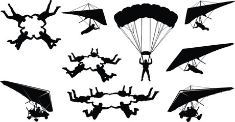 Skydiving and hang gliding silhouettes set vector illustration of extreme sports skydivers parachuting and hang gliders isolated on white background © IconicCreations