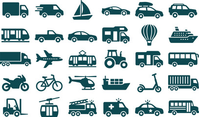 Transportation and logistics icons set vector illustrations of vehicles planes ships and public transit isolated on white background © IconicCreations