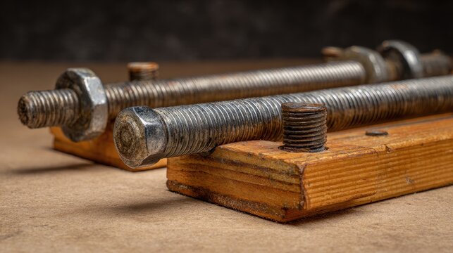 Two weathered metal threaded rods with nuts, resting on wooden blocks against a dark, textured background.