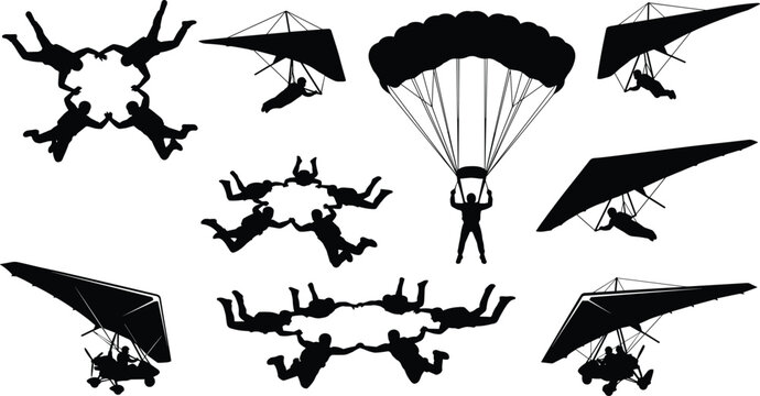Skydiving and hang gliding silhouettes set vector illustration of extreme sports skydivers parachuting and hang gliders isolated on white background