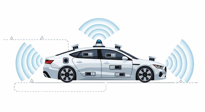 A detailed description of a white autonomous vehicle with multiple sensors and wireless signals for advanced navigation.