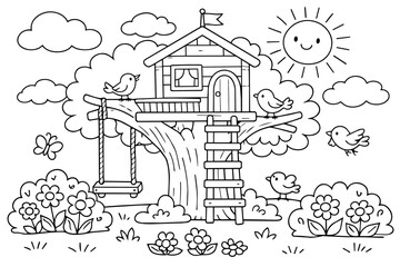 Naklejka premium Kids activity coloring page: charming treehouse in a leafy tree with a swing, cheerful birds, a butterfly, blooming flowers and a smiling sun for creative, playful coloring