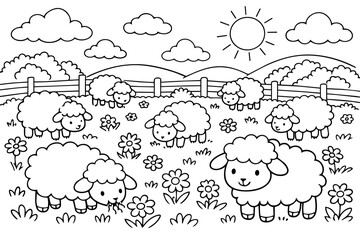 Fototapeta premium Baby lamb grazing in a sunny meadow, simple black-and-white line art for kids to color and learn about farm life, playful and friendly rural scene for activity books
