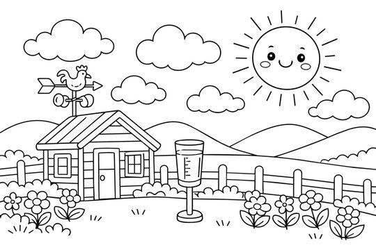 Coloring book page featuring a simple farmhouse building with a weathervane on the roof, a rain gauge in the yard, a happy sun, fluffy clouds, distant hills, a fence, and flowers